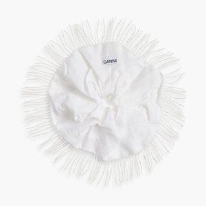 GANNI Oversized Maximalist  Linen Beaded Fringe Scrunchie | White